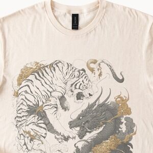 Tiger vs Dragon Combat Graphic Tee Ornate Gold Baroque Design